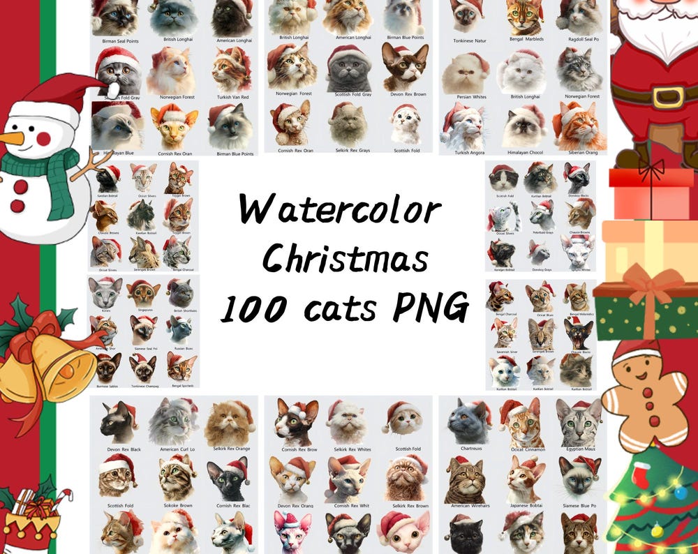 Watercolor Christmas Cats PNG: 100 Festive Cat Breeds (Digital Download)
