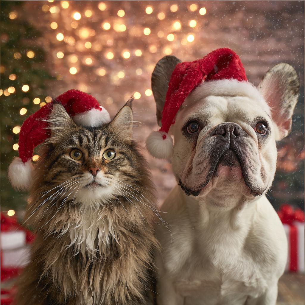 Watercolor Christmas pets with Santa Hats PNG Festive pet Breeds