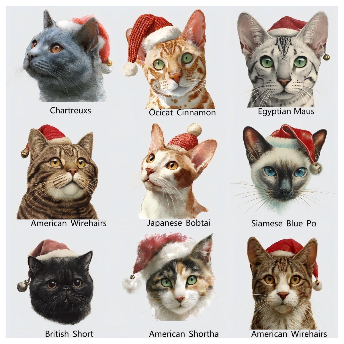 Watercolor Christmas Cats PNG: 100 Festive Cat Breeds (Digital Download)