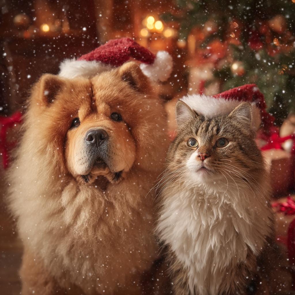 Watercolor Christmas pets with Santa Hats PNG Festive pet Breeds