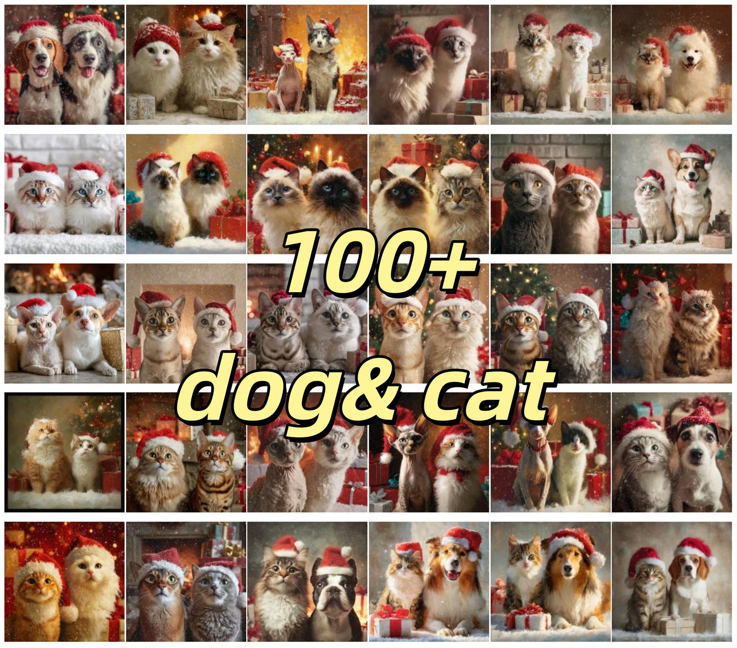 Watercolor Christmas pets with Santa Hats PNG Festive pet Breeds