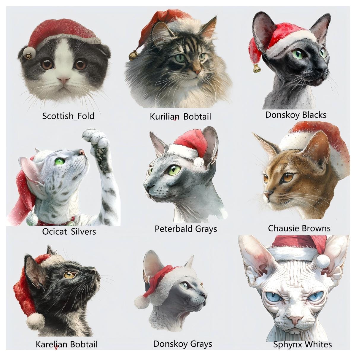 Watercolor Christmas Cats PNG: 100 Festive Cat Breeds (Digital Download)