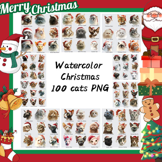 Watercolor Christmas Cats PNG: 100 Festive Cat Breeds (Digital Download)