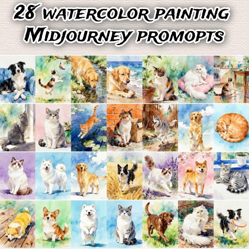 Midjourney Watercolor Pet Portrait Prompts: AI Art (Digital Download)Personalized Gift for your pet