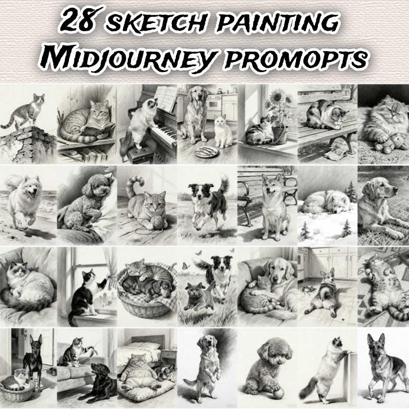 Midjourney Pet Portrait Prompts: 28 Sketch Painting Styles (PDF Guide)