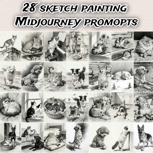 Midjourney Pet Portrait Prompts: 28 Sketch Painting Styles (PDF Guide)
