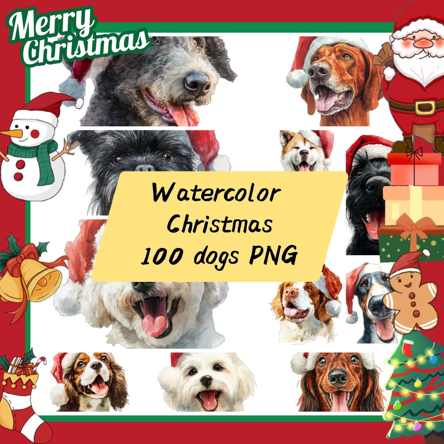Watercolor Christmas Dogs PNG: 100 Breeds with Santa Hats (Digital Download)