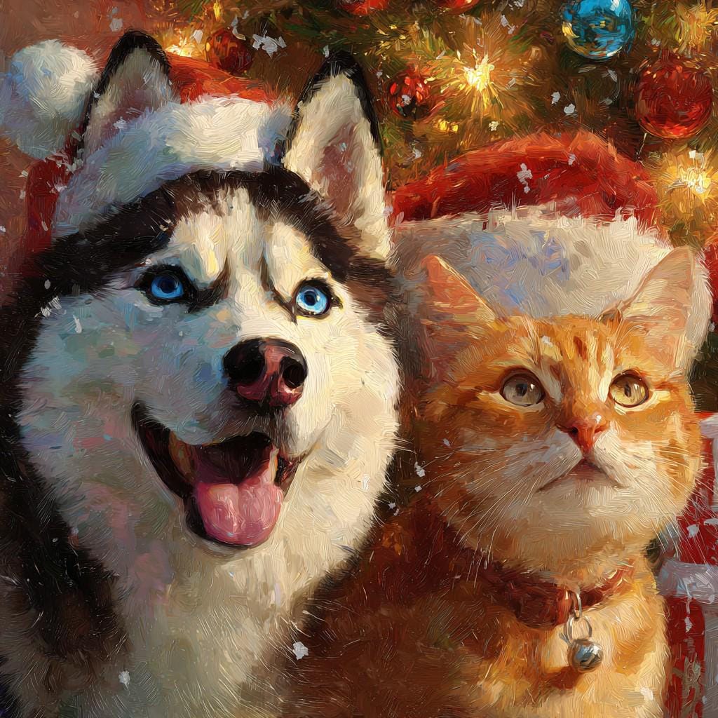 Custom Two Pets Christmas Portrait, Watercolor Dog & Cat Art (Digital Download)