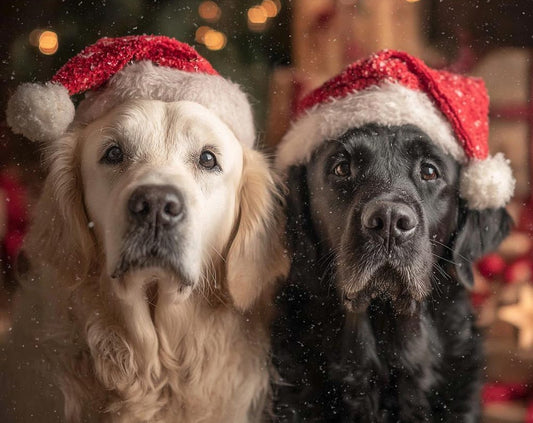 Watercolor Christmas pets with Santa Hats PNG Festive pet Breeds