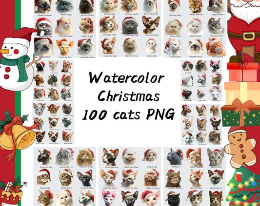 Watercolor Christmas Cats PNG: 100 Festive Cat Breeds (Digital Download)